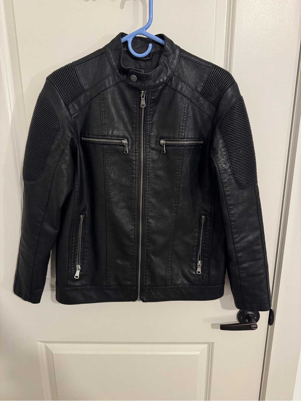 Men's Black Faux Leather Biker Jacket - Classic Zip Front